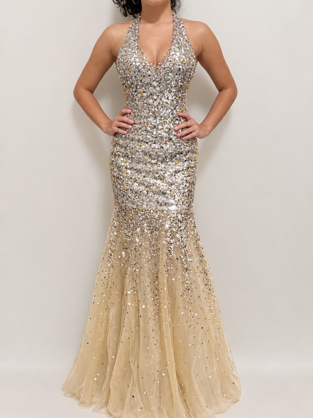 Le Femme Sequined Halter Mermaid Evening Dress in Silver and Gold Size 4 WOW!!!